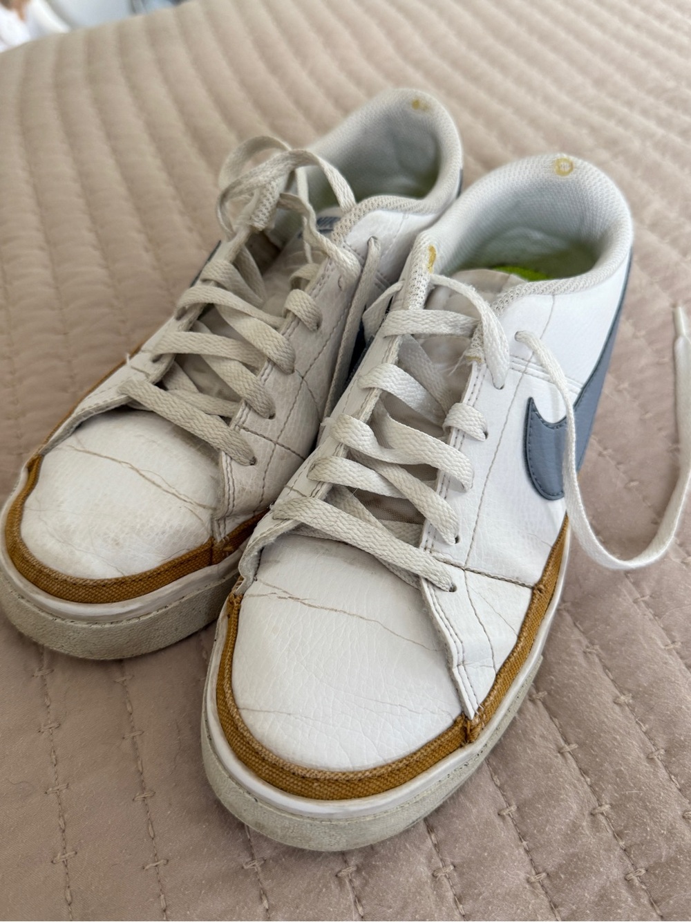 Nike White Sneakers with Gray Swoosh and Brown Trim